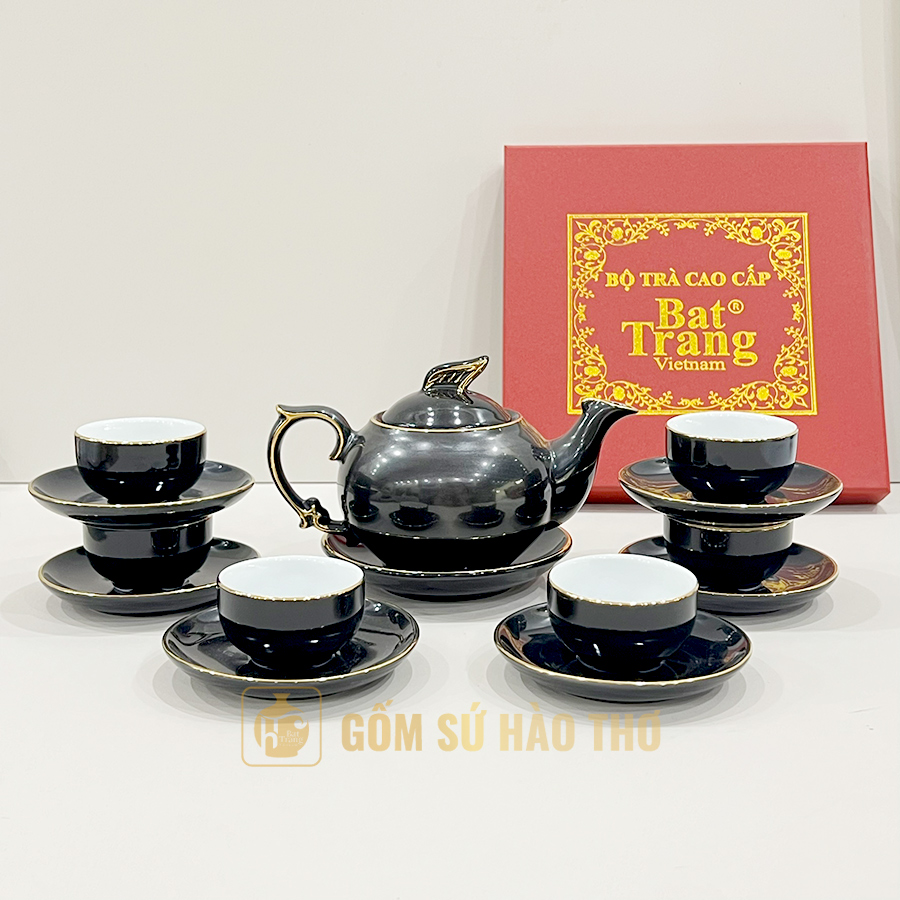Bộ ấm chén công phượng đen chỉ VK cao cấp Gốm sứ Bát Tràng 