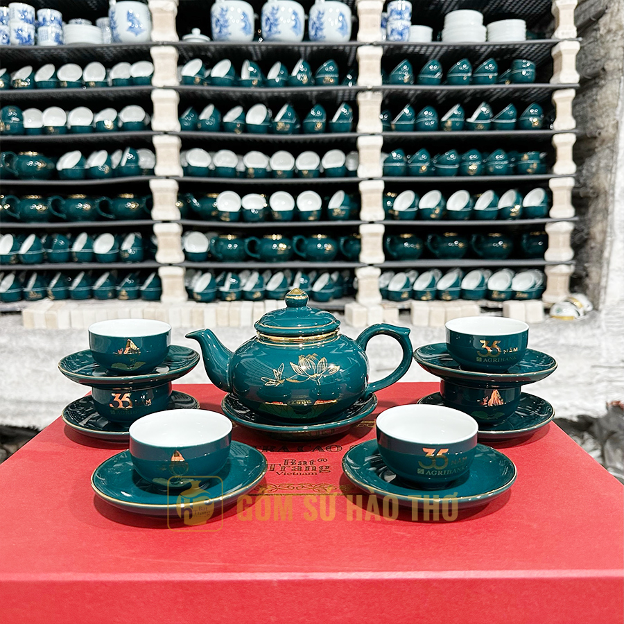 Bộ ấm chén đẳng cấp họa tiết VK xanh Thiên nga sang trọng quà tặng ý nghĩa 