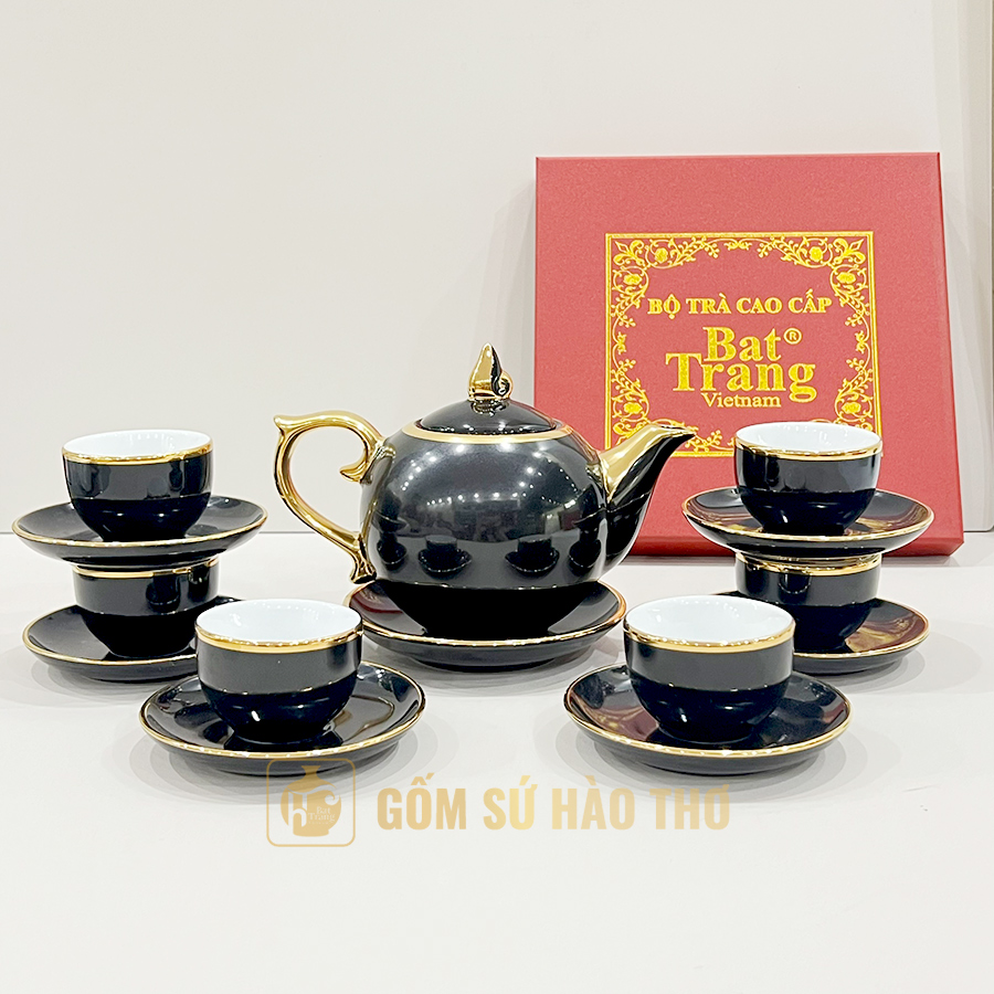 Bộ ấm chén Bát Tràng đen bệt vàng sang trọng quà tặng độc đáo 