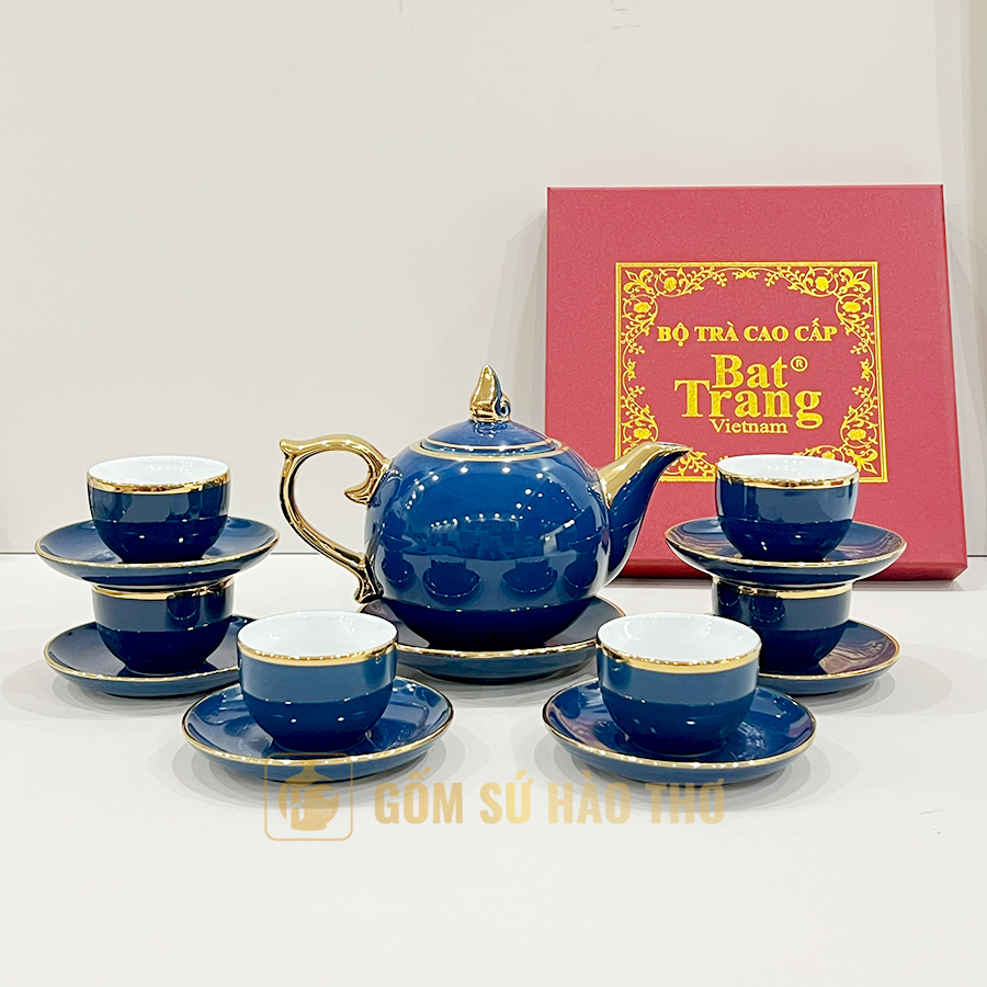 Bộ ấm chén gốm Bát Tràng xanh hải bích sang trọng quà tặng 