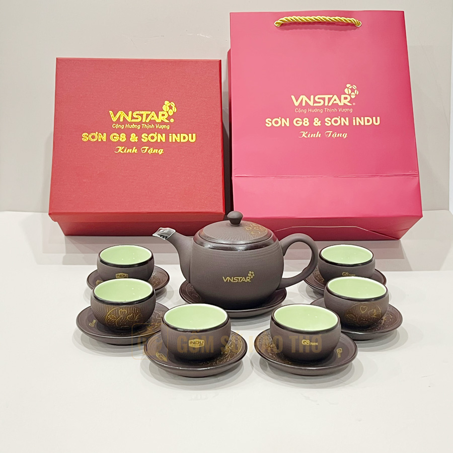 Bộ ấm chén trăng vàng TS151 320ml gốm Bát Tràng quà tặng sang trọng 