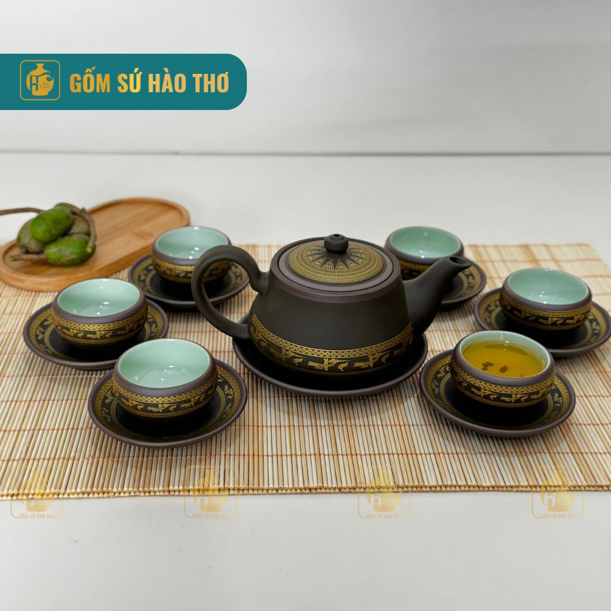 Bộ ấm chén Thiên Nga xanh viền hạc sang trọng 450ml quà tặng 