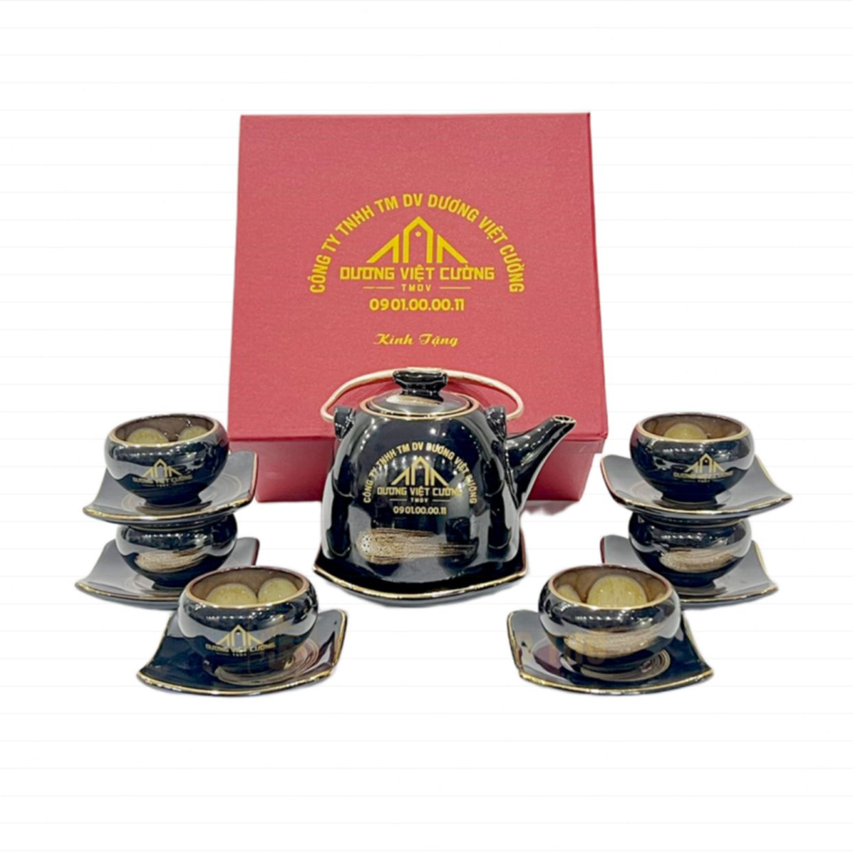 Bộ ấm chén HB11 men hỏa biến vàng kim 24k 600ml - Quà tặng sang trọng 