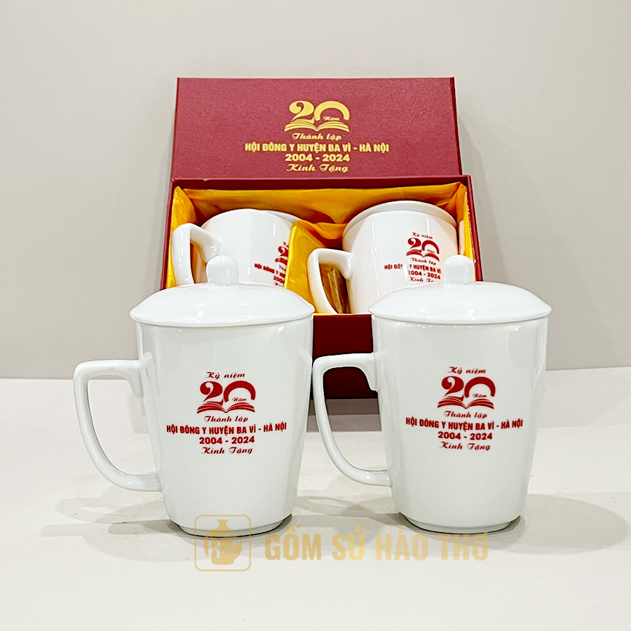 Cốc cạnh COT16A 350ml Có nắp Gốm sứ Bát Tràng Men trắng cao cấp 