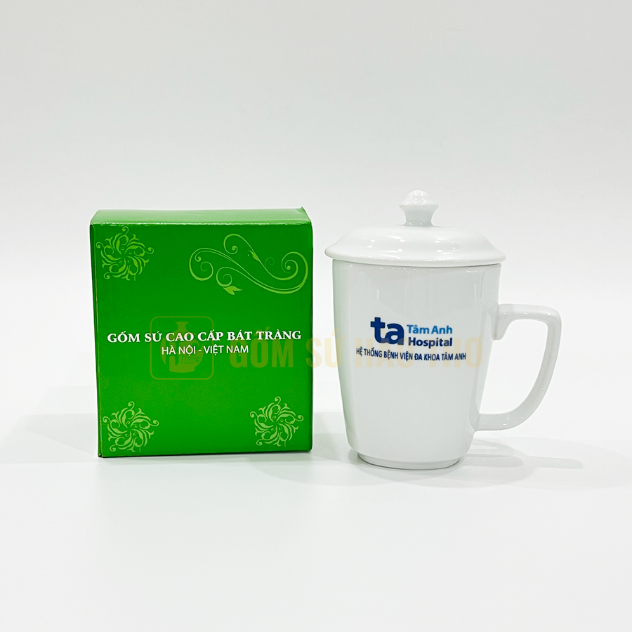 Cốc cạnh có nắp COT35 330ml Men trắng Bát Tràng Quà tặng cao cấp 