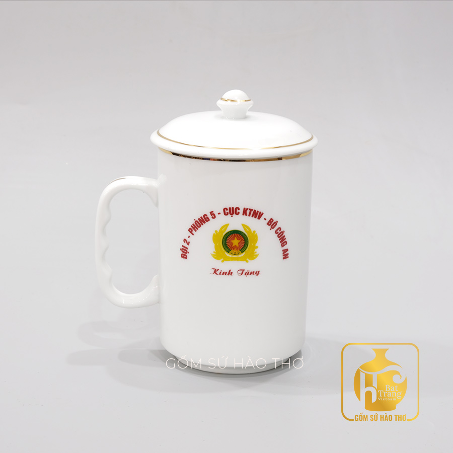 Cốc quai C đại có nắp 500ml Gốm sứ Bát Tràng bền đẹp 