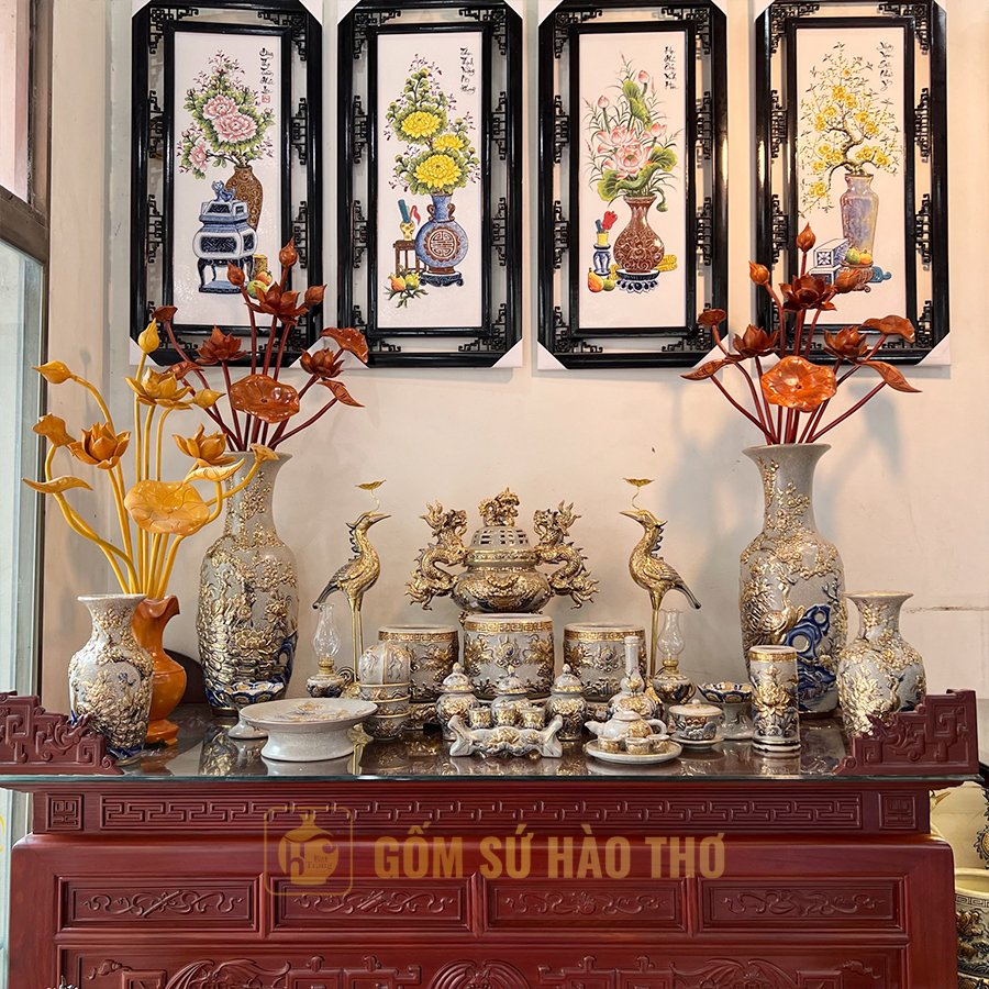 Đồ thờ men rạn vẽ vàng DTR6VV1 sang trọng bộ 17 món cao cấp 