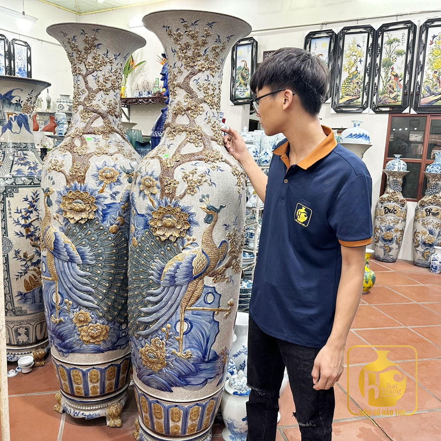 Lộc bình công đào LB6R3 1m4 1m6 gốm sứ Bát Tràng quà biếu phong thủy sang trọng 