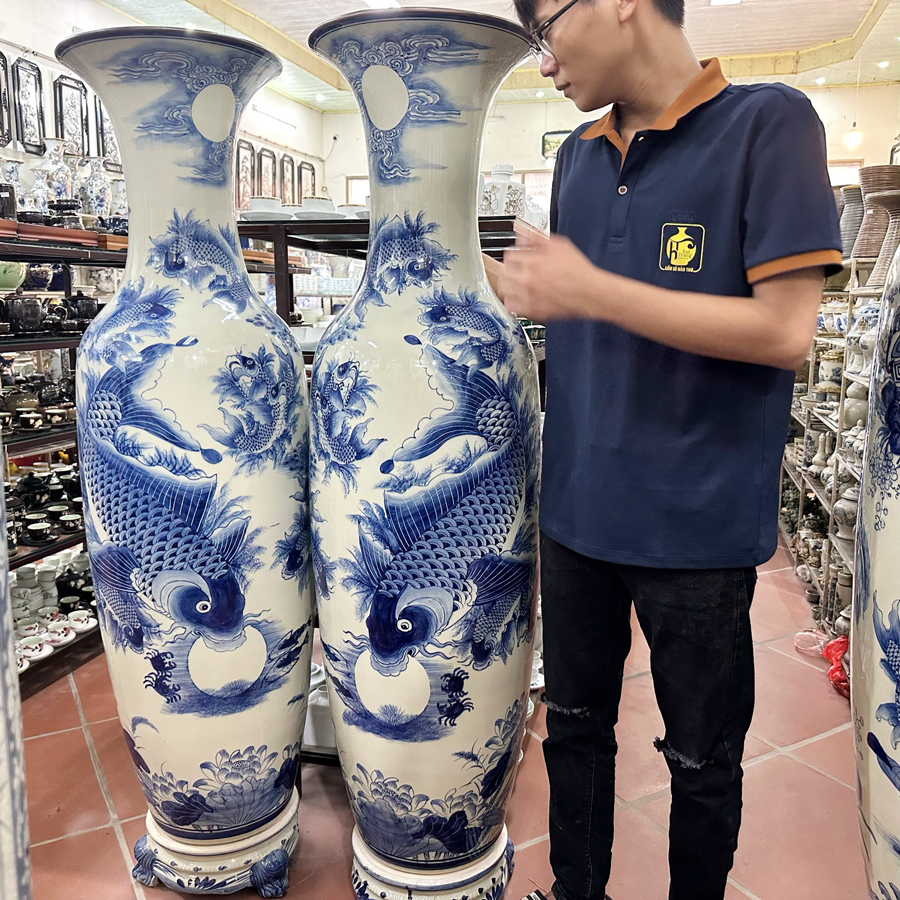 Lộc bình Lý ngư vọng nguyệt LB496L1 cao cấp - Quà tặng phong thủy, trang trí đẳng cấp 