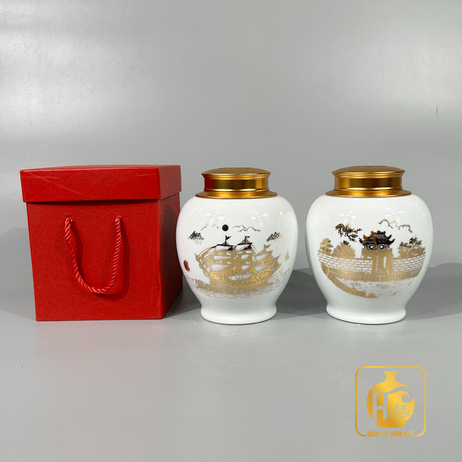 Lọ chè dáng chóe chân cảnh Thuận Buồm Xuôi Gió 15cm gốm sứ Bát Tràng 
