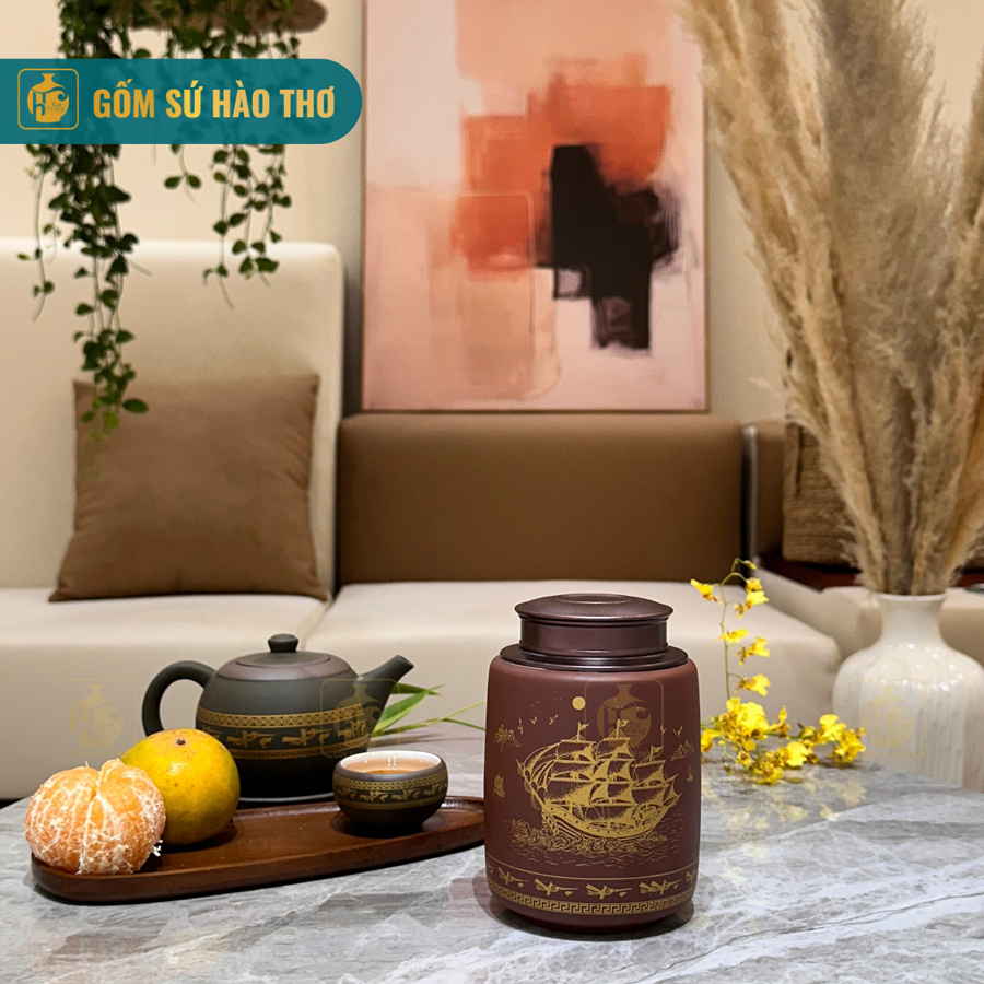 Gốm sứ Bát Tràng LCNT10A lọ chè nâu thấp độc đáo tinh tế 