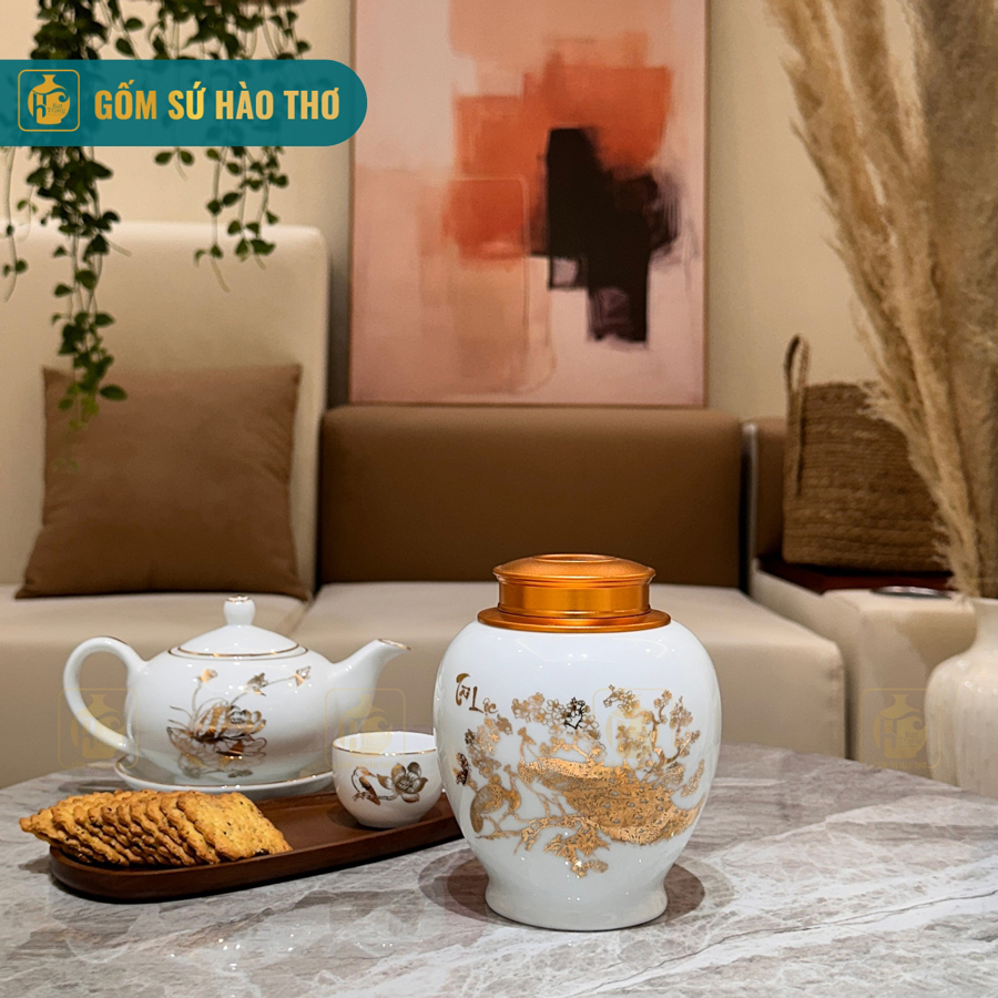 Lọ chè dáng chóe LCC1A Bát Tràng cao 15cm đẹp sang trọng 