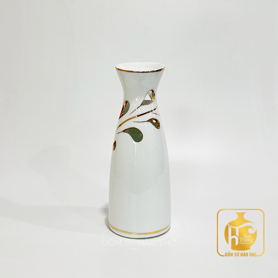 Lọ hoa vát viền kim LHT 9A – Gốm sứ Hào Thơ men trắng cao cấp 