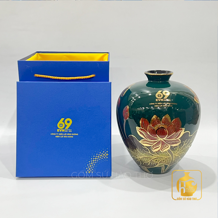 Lọ hoa xanh coban sen đỏ vẽ vàng LH 27 gốm sứ Hào Thơ sang trọng 