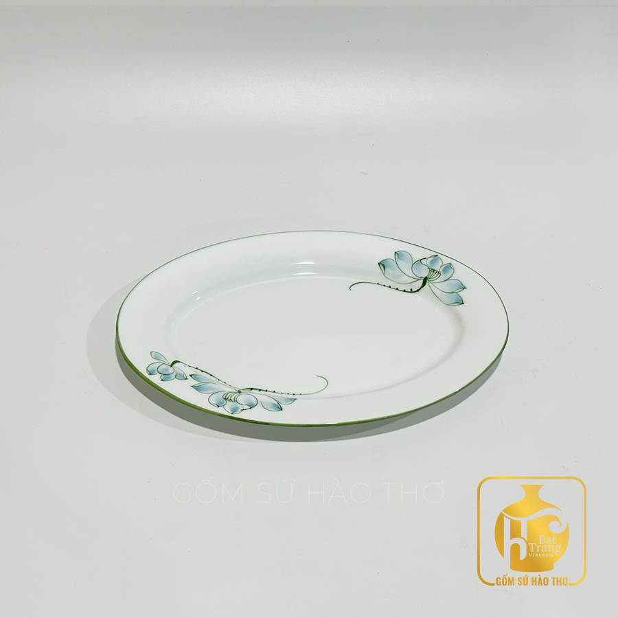 Đĩa Bầu Dục BAX 7 Gốm Sứ Bát Tràng Men Trắng Hoa Sen Xanh 