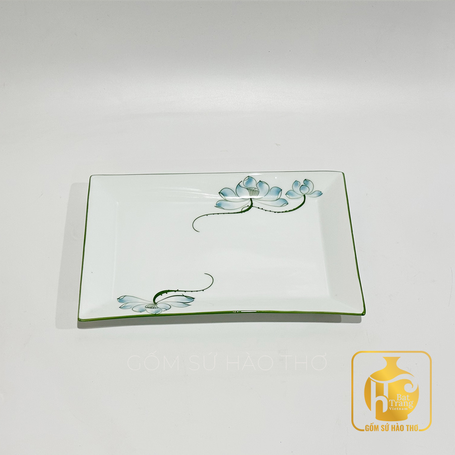 Đĩa chữ nhật BAX 12 Bát Tràng men trắng hoa sen xanh đẹp 