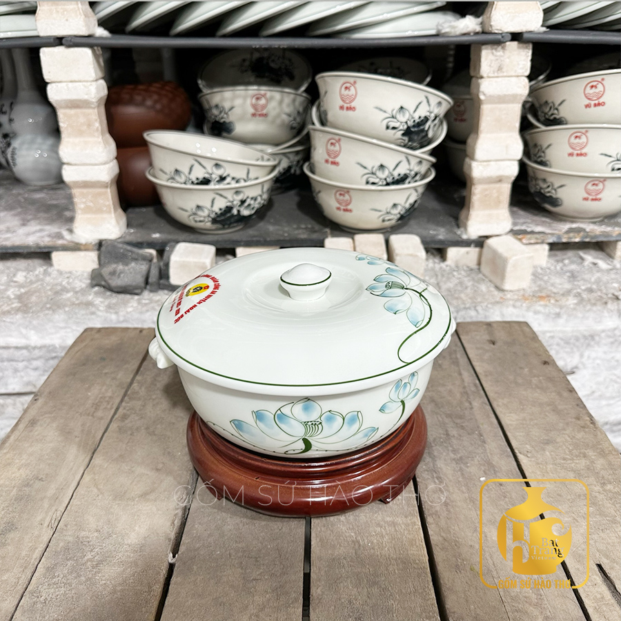 Âu Tôm BAX 18 Gốm Sứ Hào Thơ Men Trắng Hoa Sen Xanh 