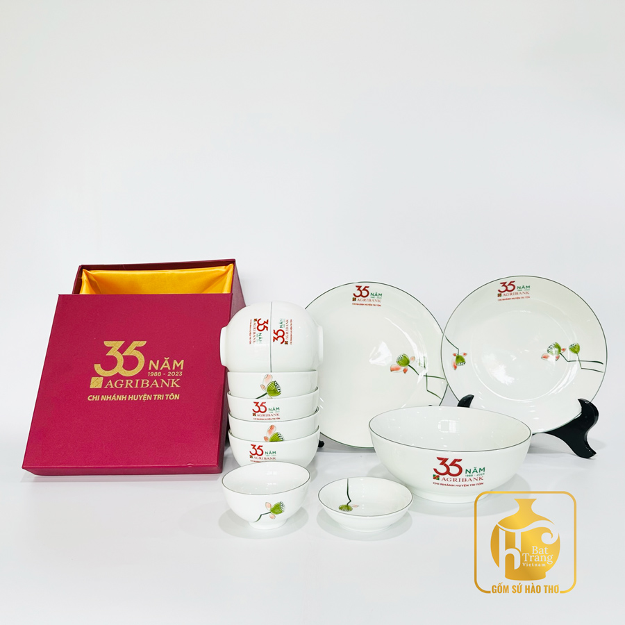Bộ Gốm Sứ Hào Thơ Bát Tràng 6 Bát Tô Đĩa Sen Nụ Sang Trọng 