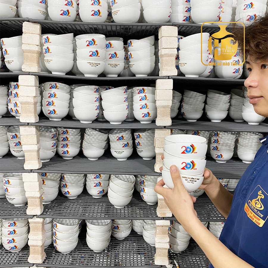Bộ 6 bát trắng in logo công ty chuẩn men trắng Bát Tràng 