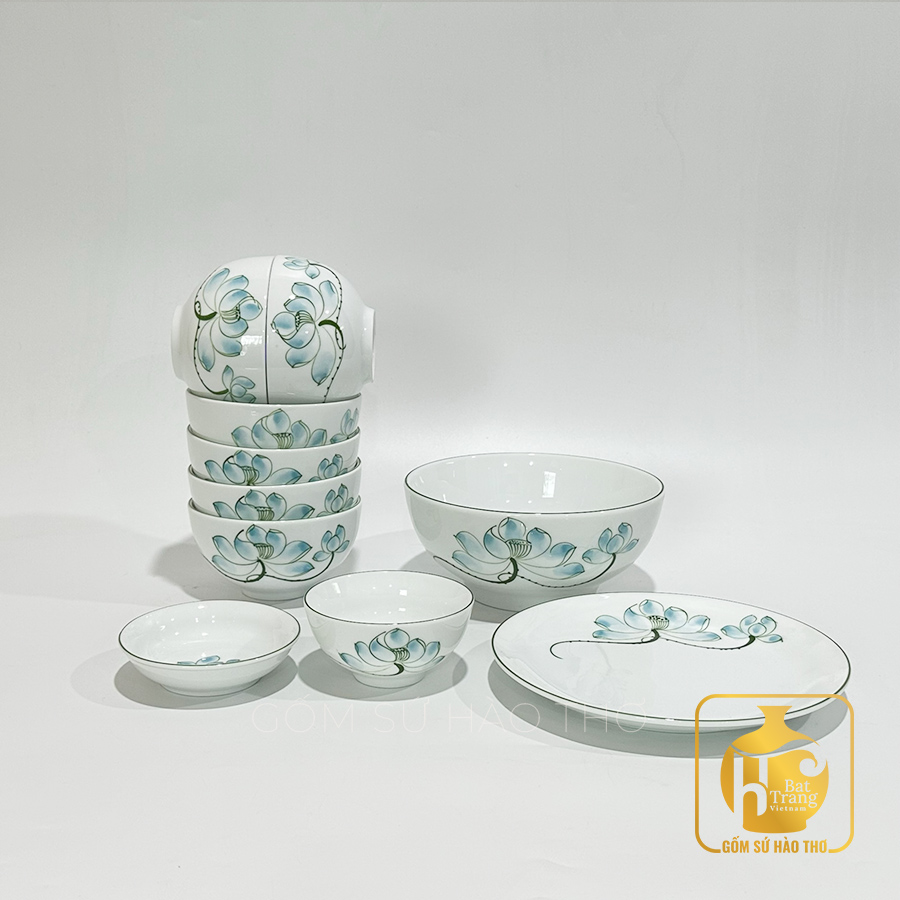Bộ Bát Đĩa Gốm Sứ BAX 20 Hoa Sen Xanh Men Trắng Bát Tràng 