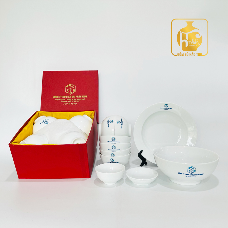 Set bộ 10 món gốm sứ in logo công ty Bát Tràng chất lượng cao 