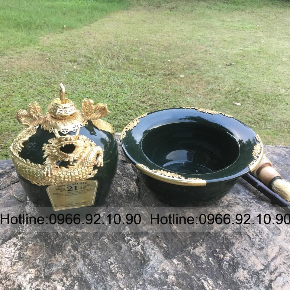 Bát điếu rồng nổi 3D xanh rêu thủ công sang trọng cao cấp 