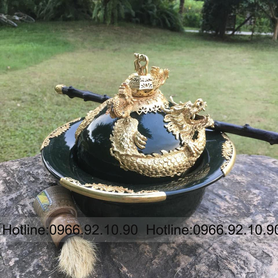 Bát điếu rồng nổi 3D xanh rêu thủ công sang trọng cao cấp