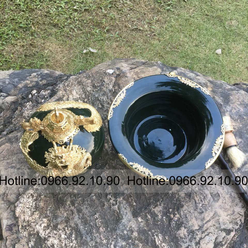 Bát điếu rồng nổi 3D xanh rêu thủ công sang trọng cao cấp