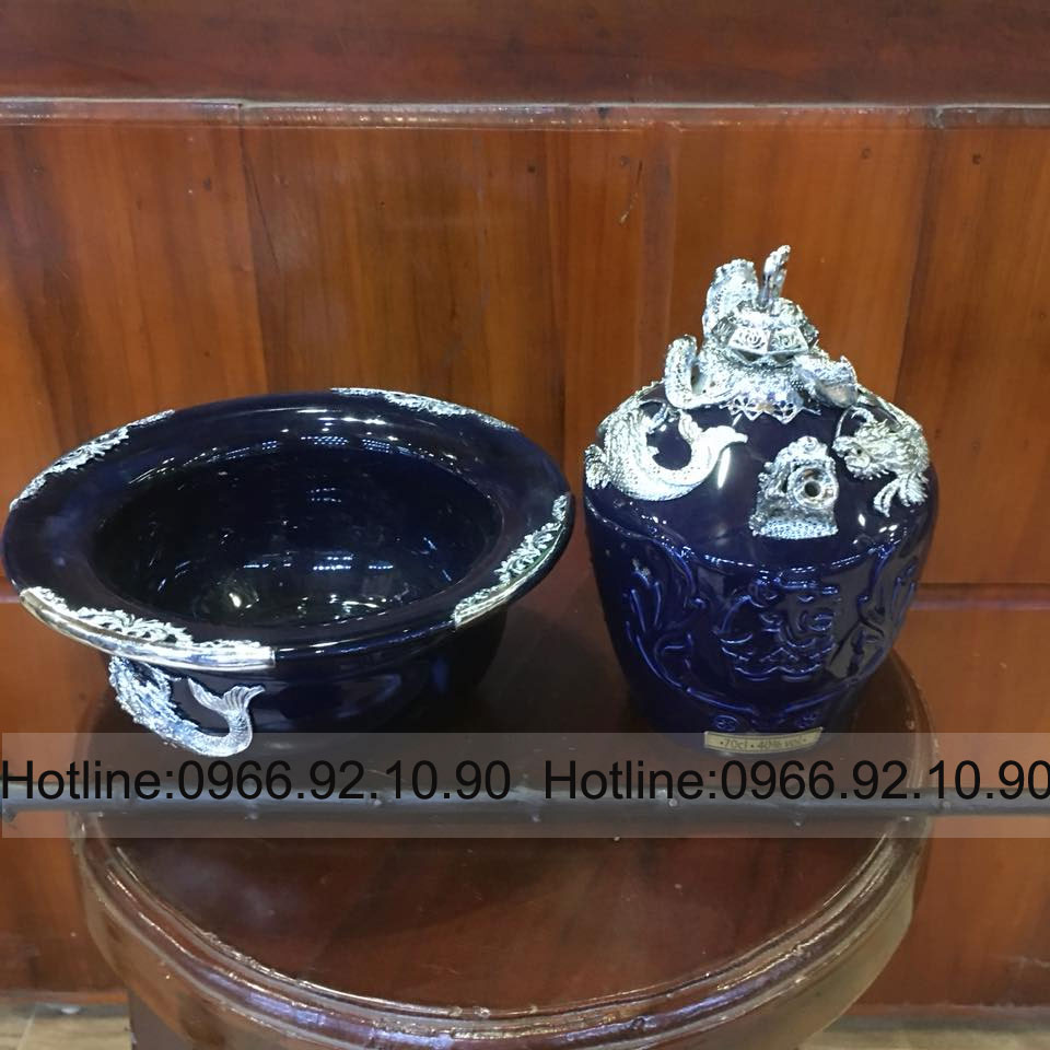 Bát điếu đúc bạc cá chép hóa rồng xanh coban sang trọng quà tặng