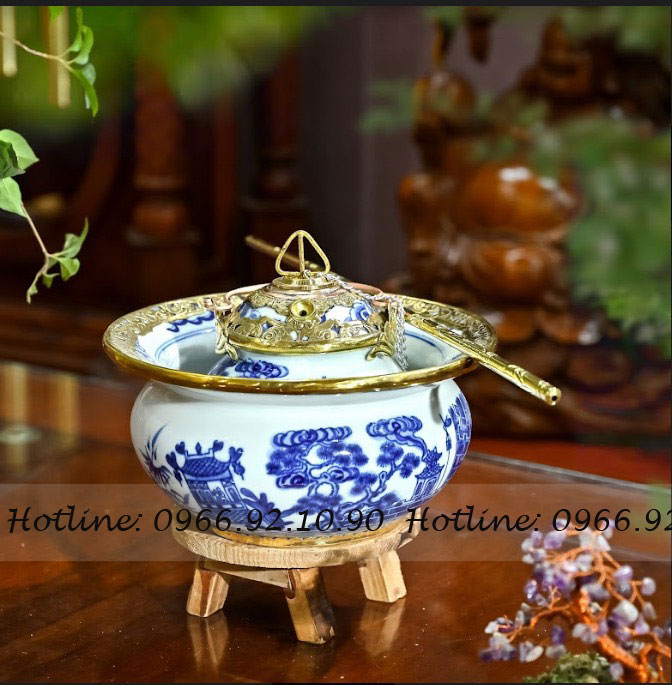 Bát điều men lam thắt eo bọc đồng cao cấp độc đáo nghệ thuật gốm sứ 