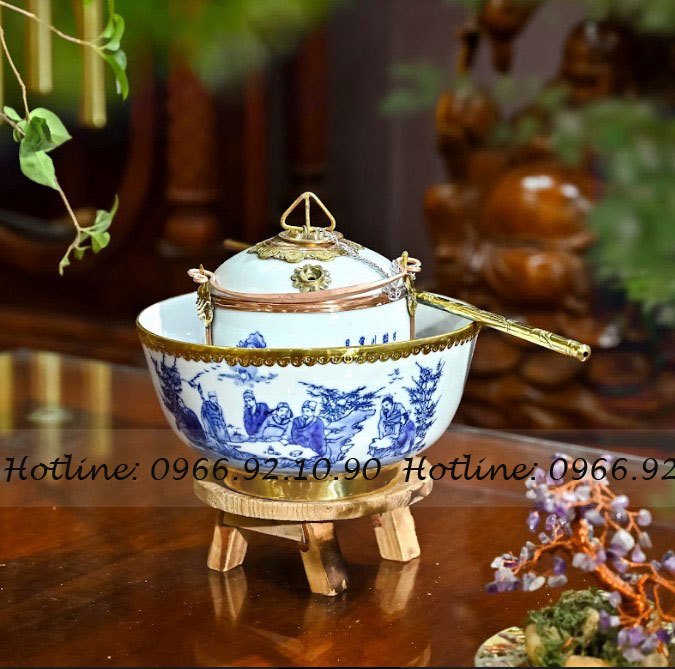 Bát điếu men lam Trúc Lâm đồng bọc sang trọng độc đáo 