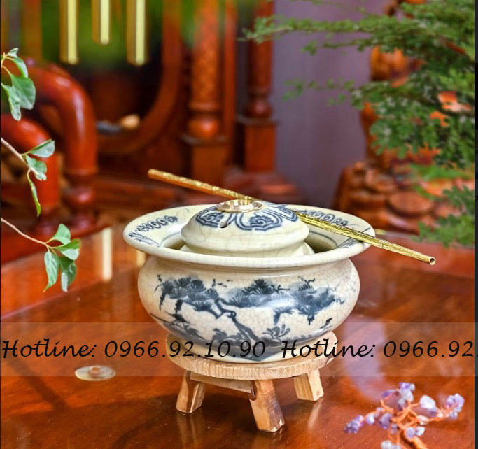 Bát điếu rạn trơn tùng hạc thắt eo gốm sứ Bát Tràng độc đáo