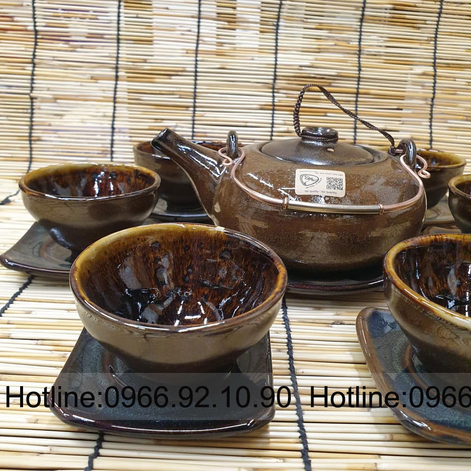 Bộ ấm chén Bát Tràng dáng Nhật nâu cánh gián sang trọng VS014 