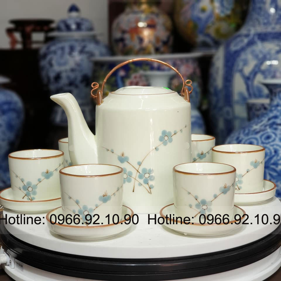 Bộ ấm tích 1,5L men kem xanh hoa đào cao cấp Bát Tràng Quà tặng sang trọng