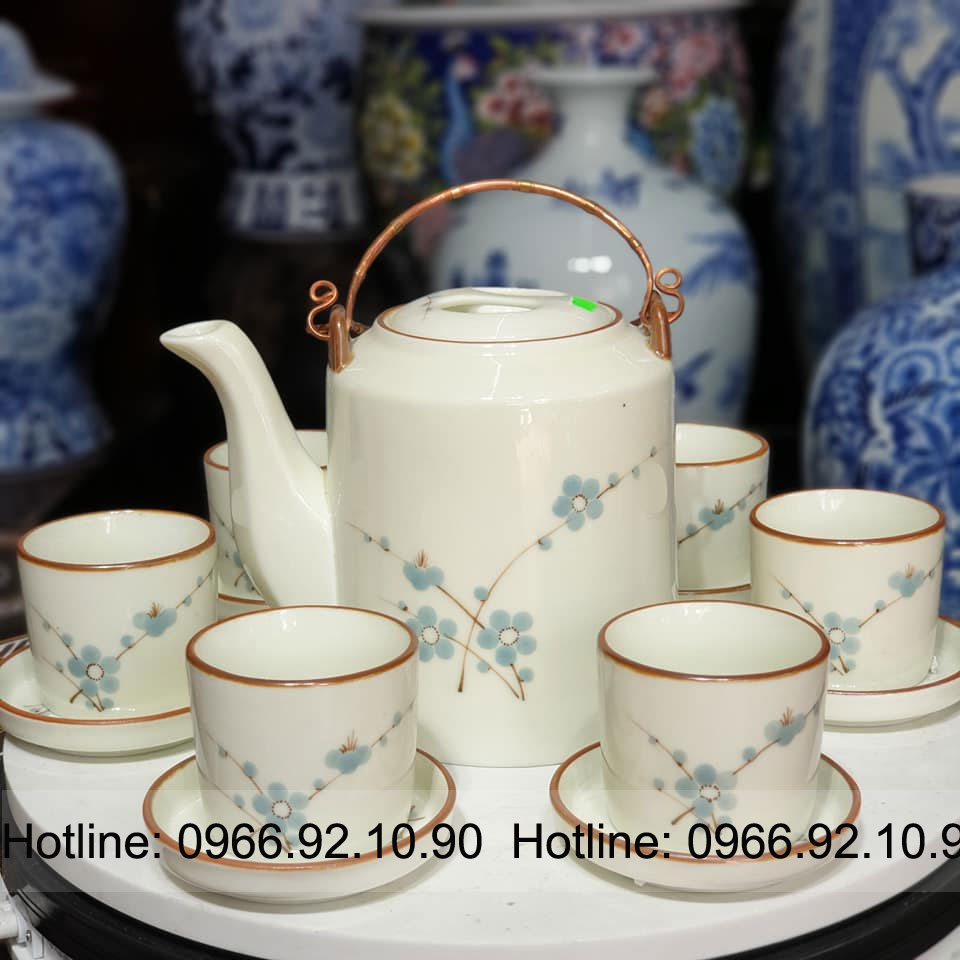 Bộ ấm tích 1,5L men kem xanh hoa đào cao cấp Bát Tràng Quà tặng sang trọng