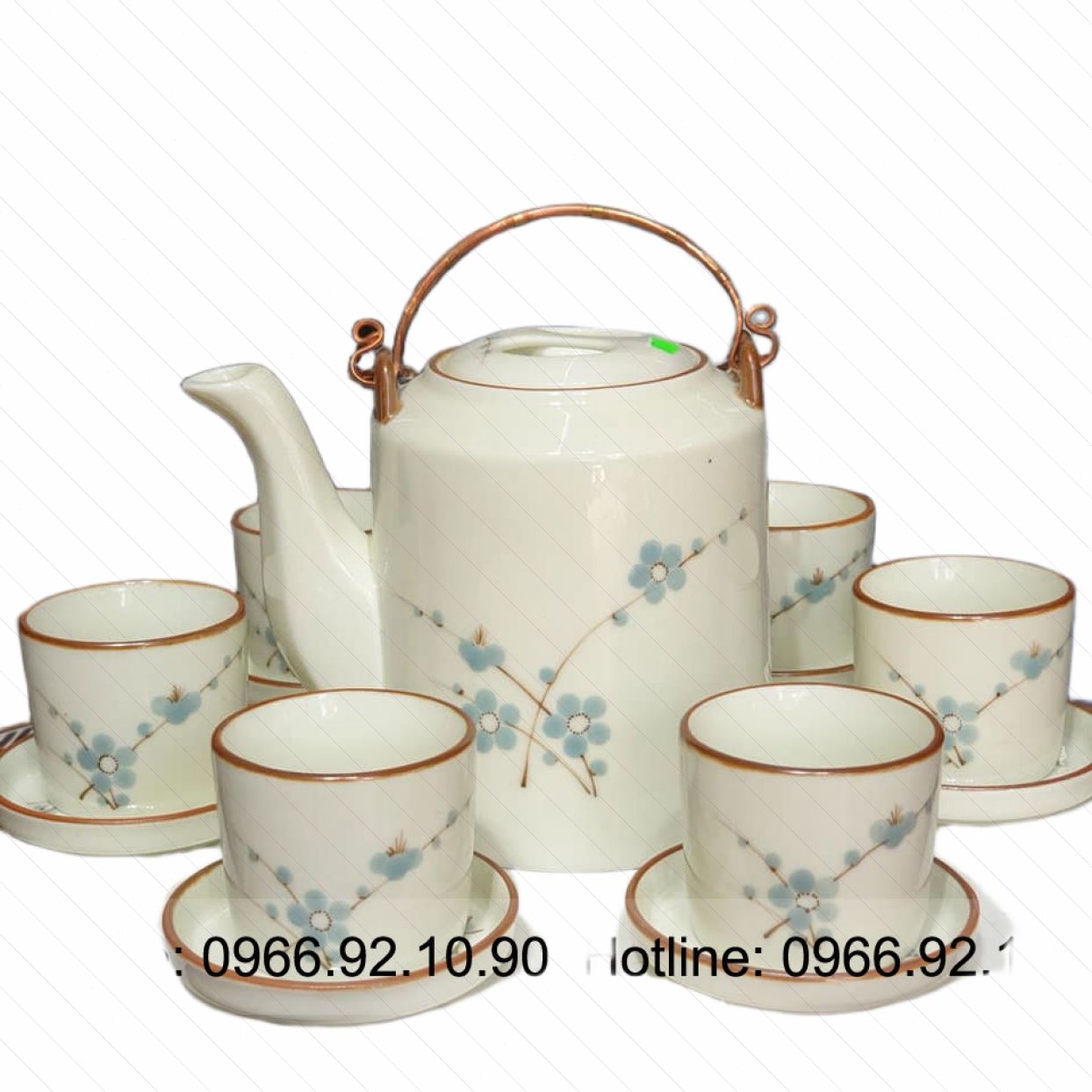 Bộ ấm tích 1,5L men kem xanh hoa đào cao cấp Bát Tràng Quà tặng sang trọng 