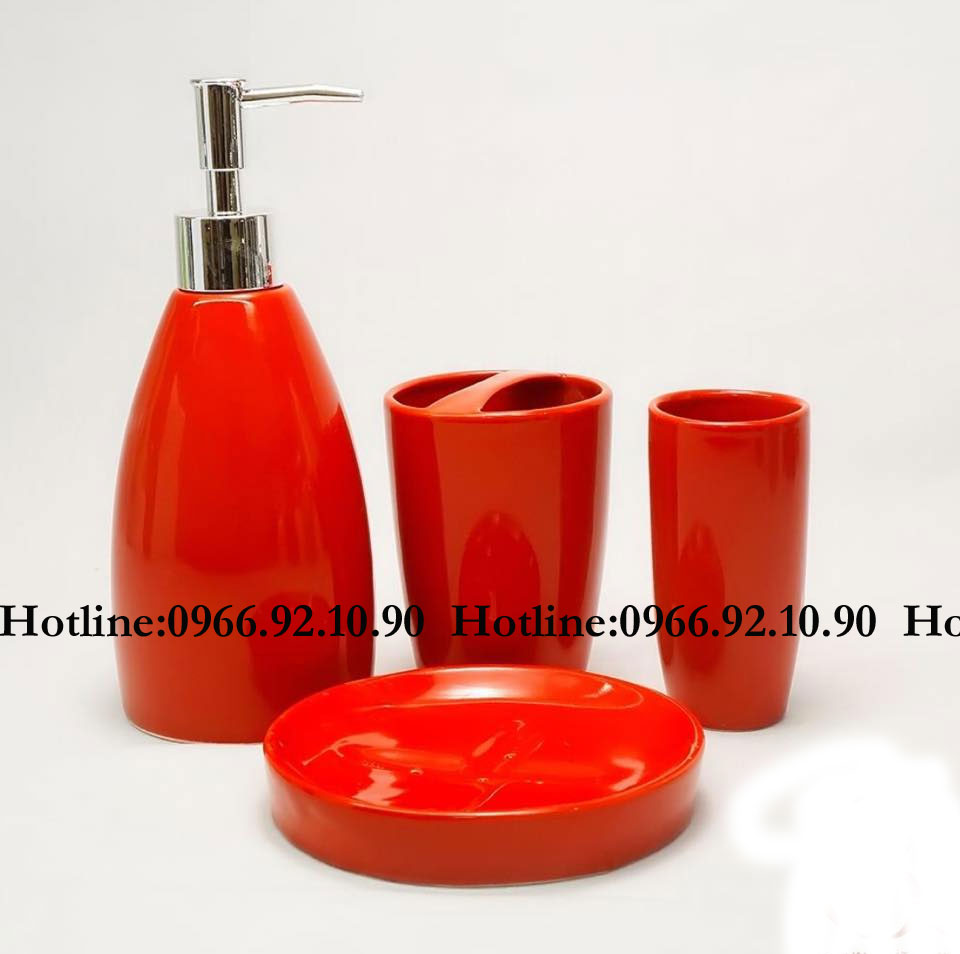 Bộ phụ kiện nhà tắm gốm sứ đen đỏ tinh tế quà tặng sang trọng 