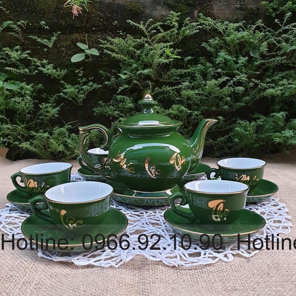 Bộ ấm chén xanh lục bảo PHÚC LỘC THỌ sang trọng cao cấp