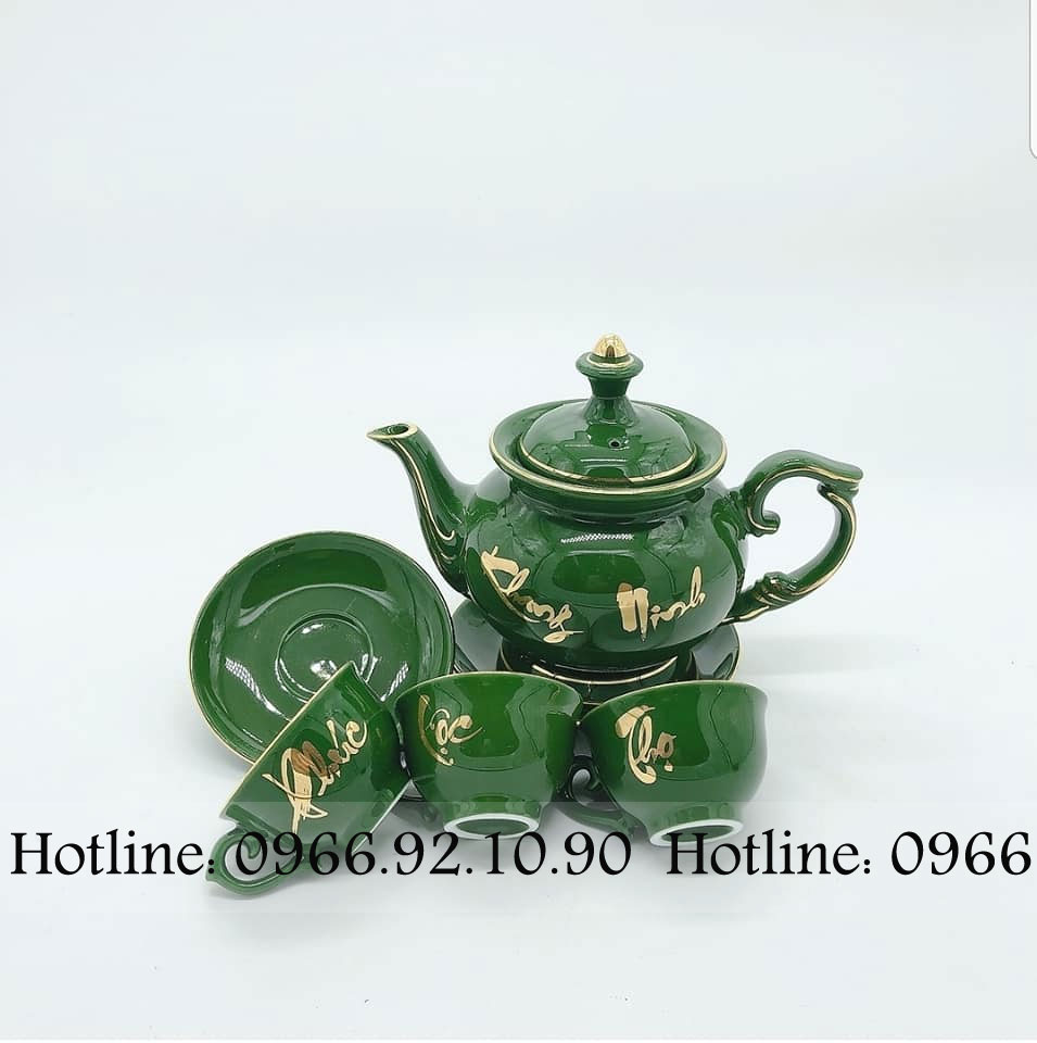 Bộ ấm chén xanh lục bảo PHÚC LỘC THỌ sang trọng cao cấp