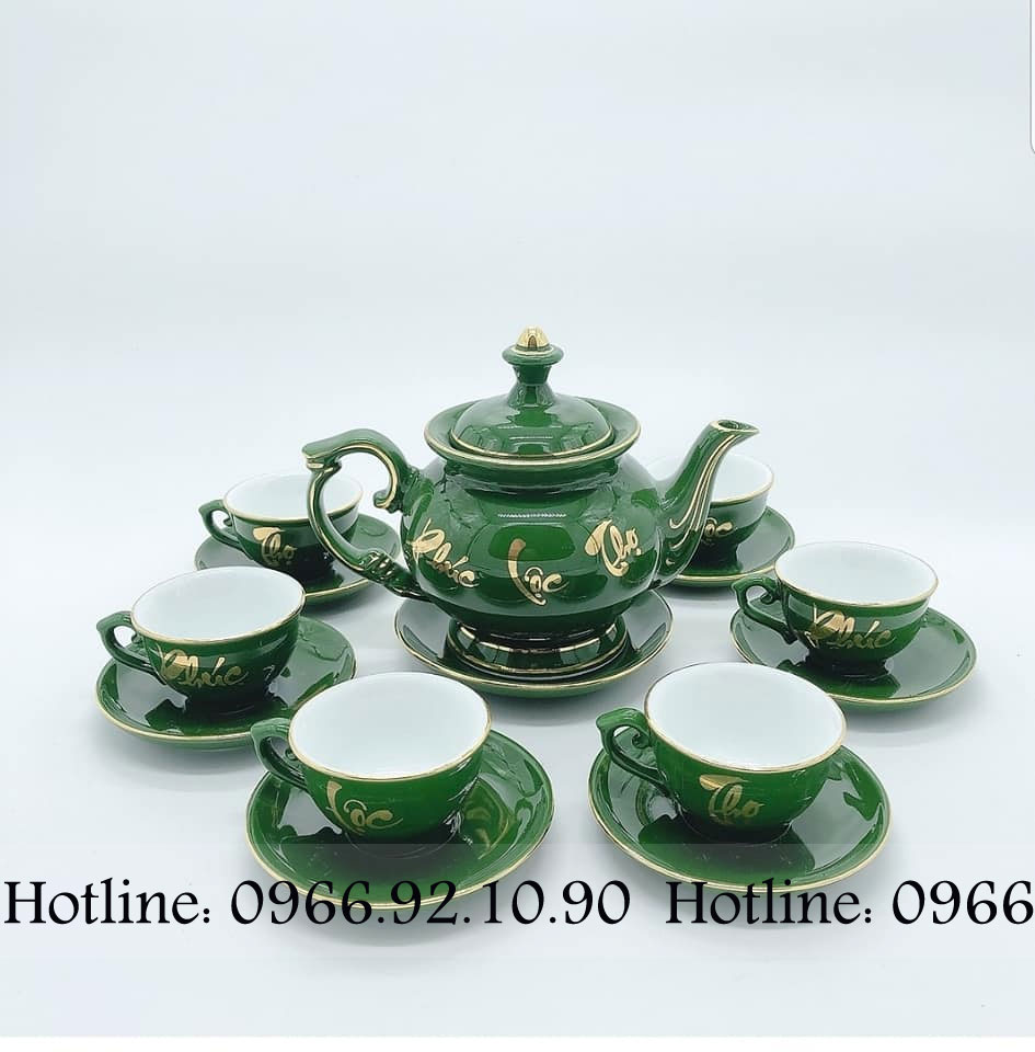 Bộ ấm chén xanh lục bảo PHÚC LỘC THỌ sang trọng cao cấp