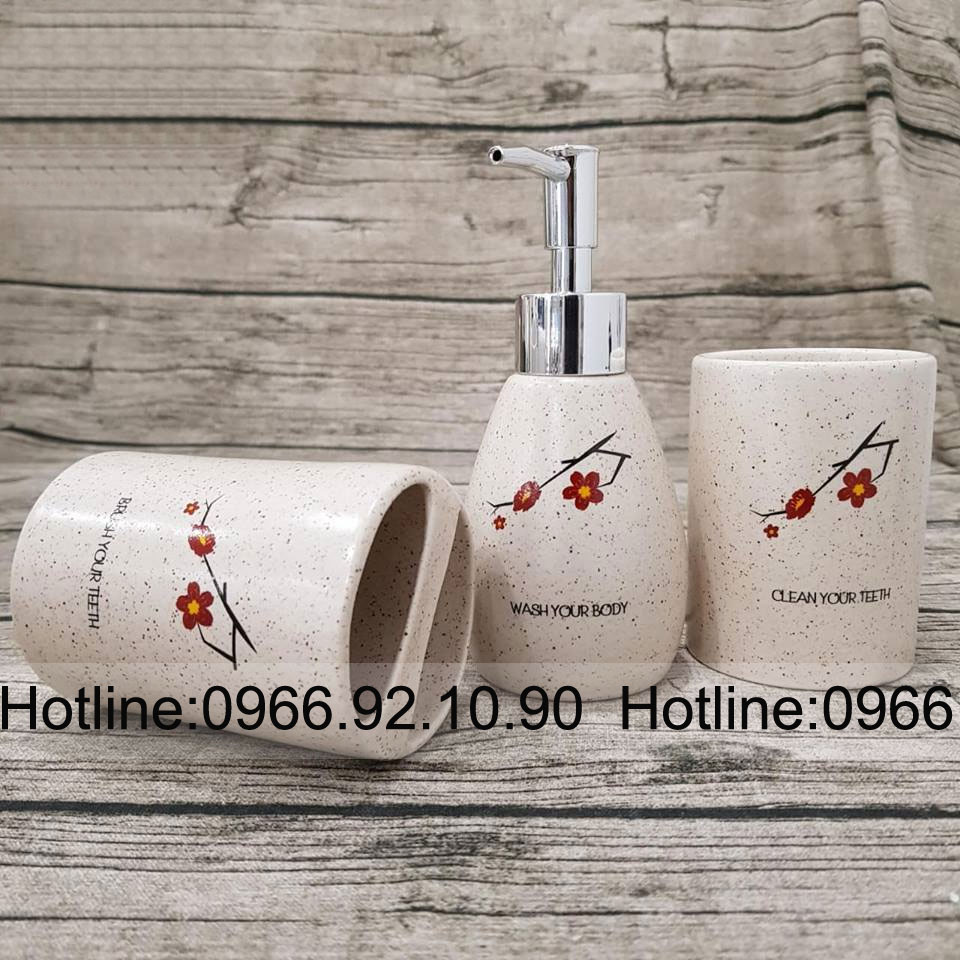 Bộ bình xịt nhà tắm hoa đào Bát Tràng 3 món xinh đẹp tiện lợi 