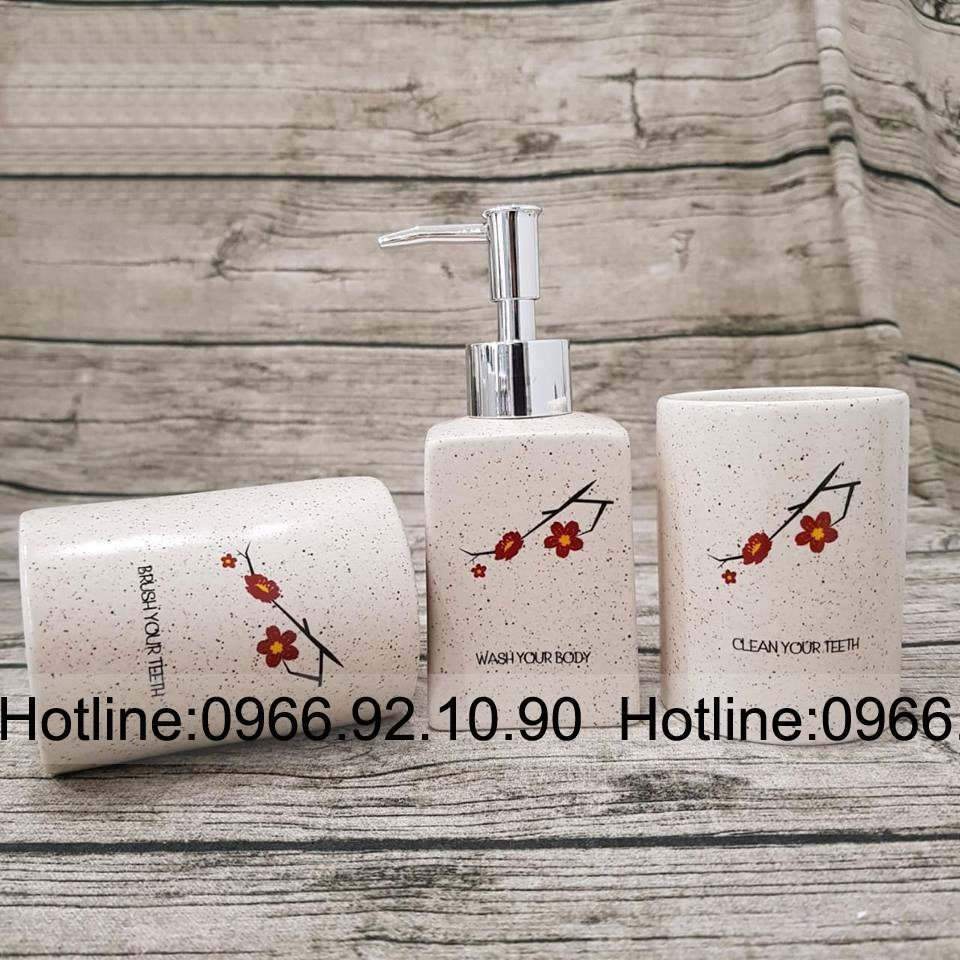 Bộ bình xịt nhà tắm hoa đào gốm sứ Bát Tràng 3 món đẹp 