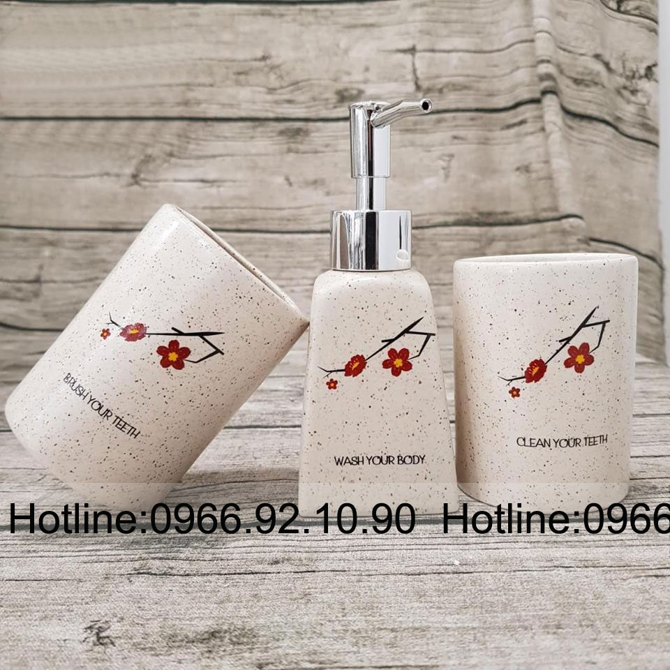 Bộ bình xịt nhà tắm hoa đào gốm sứ Bát Tràng 3 món đẹp