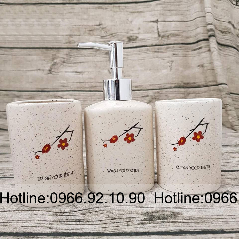 Bộ bình xịt nhà tắm hoa đào gốm sứ Bát Tràng 3 món đẹp