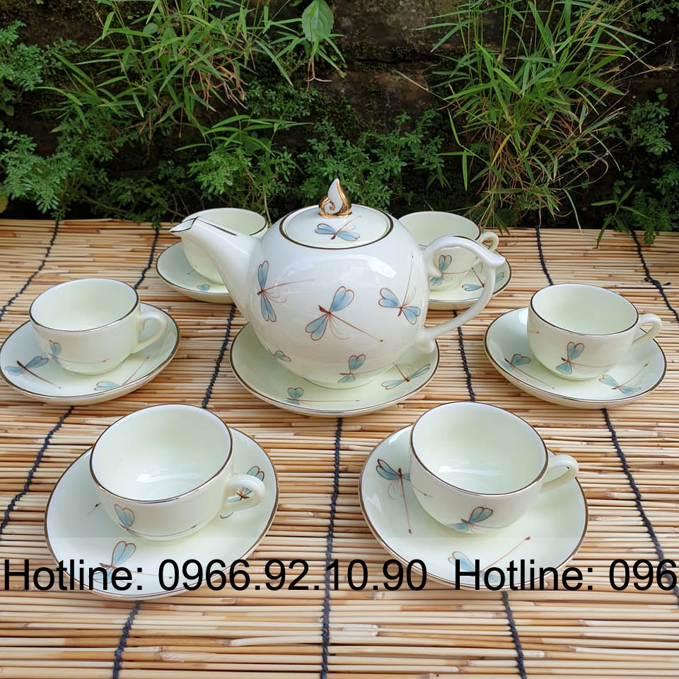 Bộ ấm chén vẽ tay họa tiết chuồn chuồn chỉ vàng kim sang trọng 
