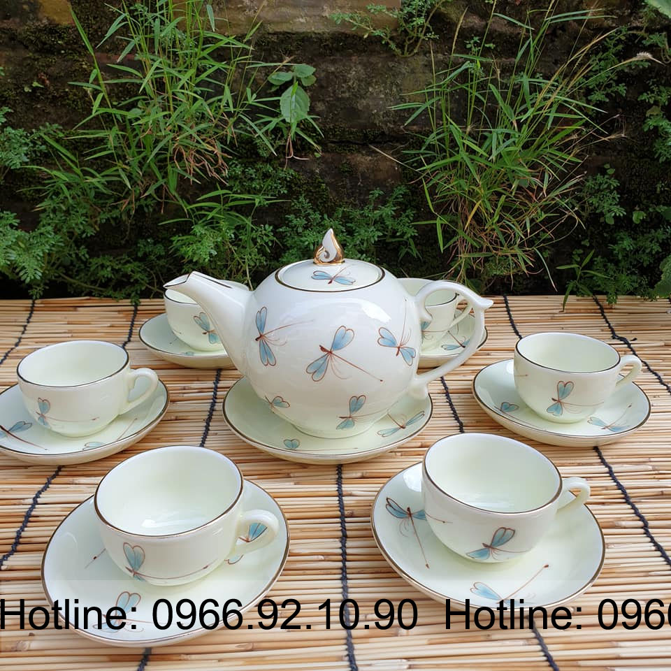 Bộ ấm chén vẽ tay họa tiết chuồn chuồn chỉ vàng kim sang trọng