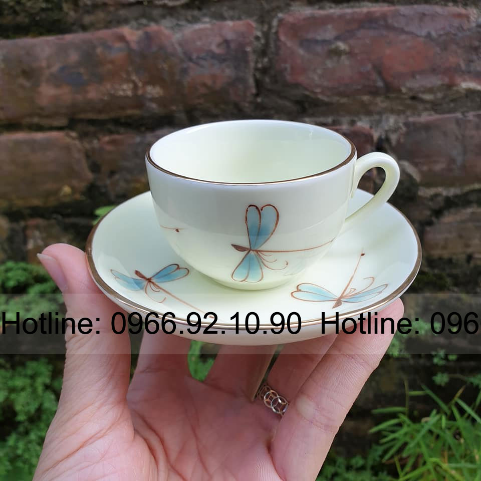 Bộ ấm chén vẽ tay họa tiết chuồn chuồn chỉ vàng kim sang trọng