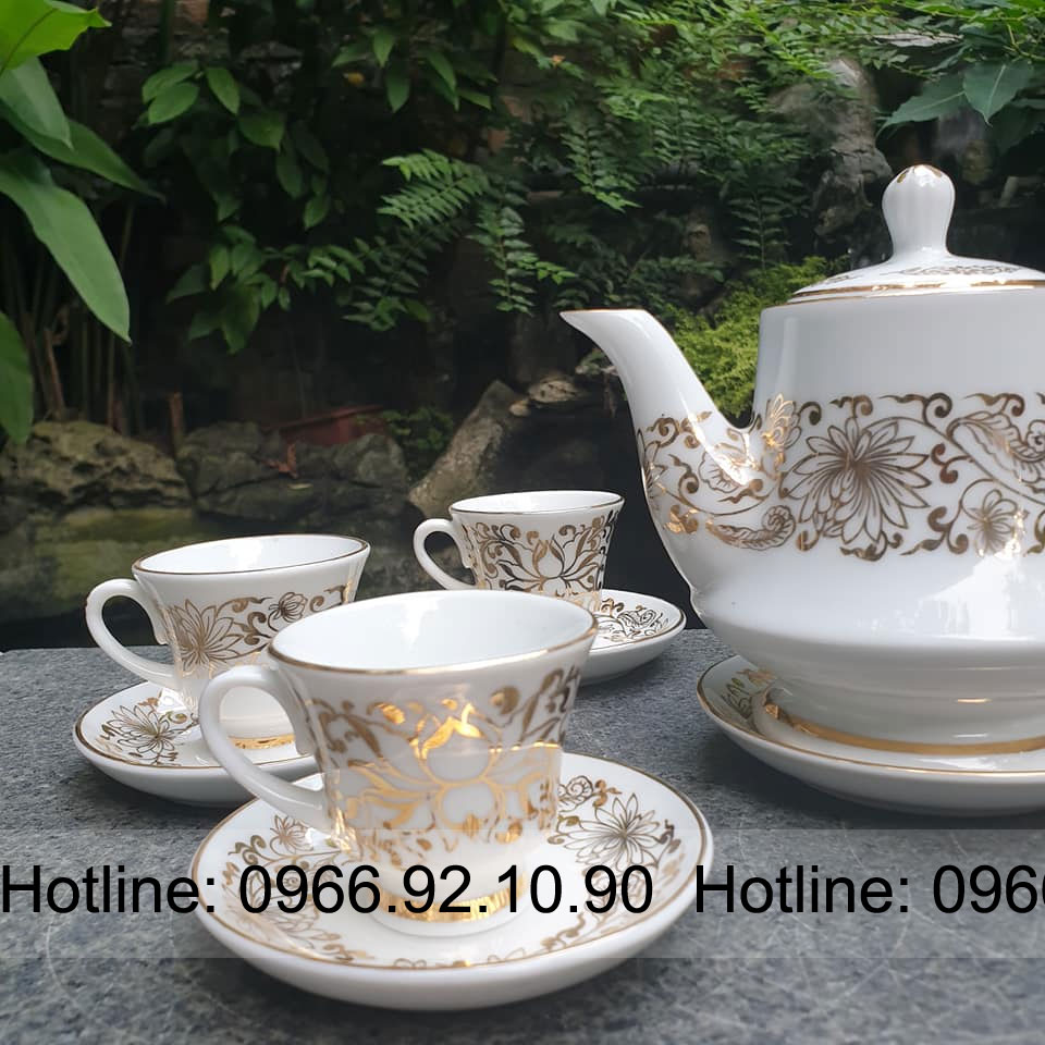 Bộ ấm chén vàng kim Bát Tràng cao cấp vẽ tay 100% sang trọng 