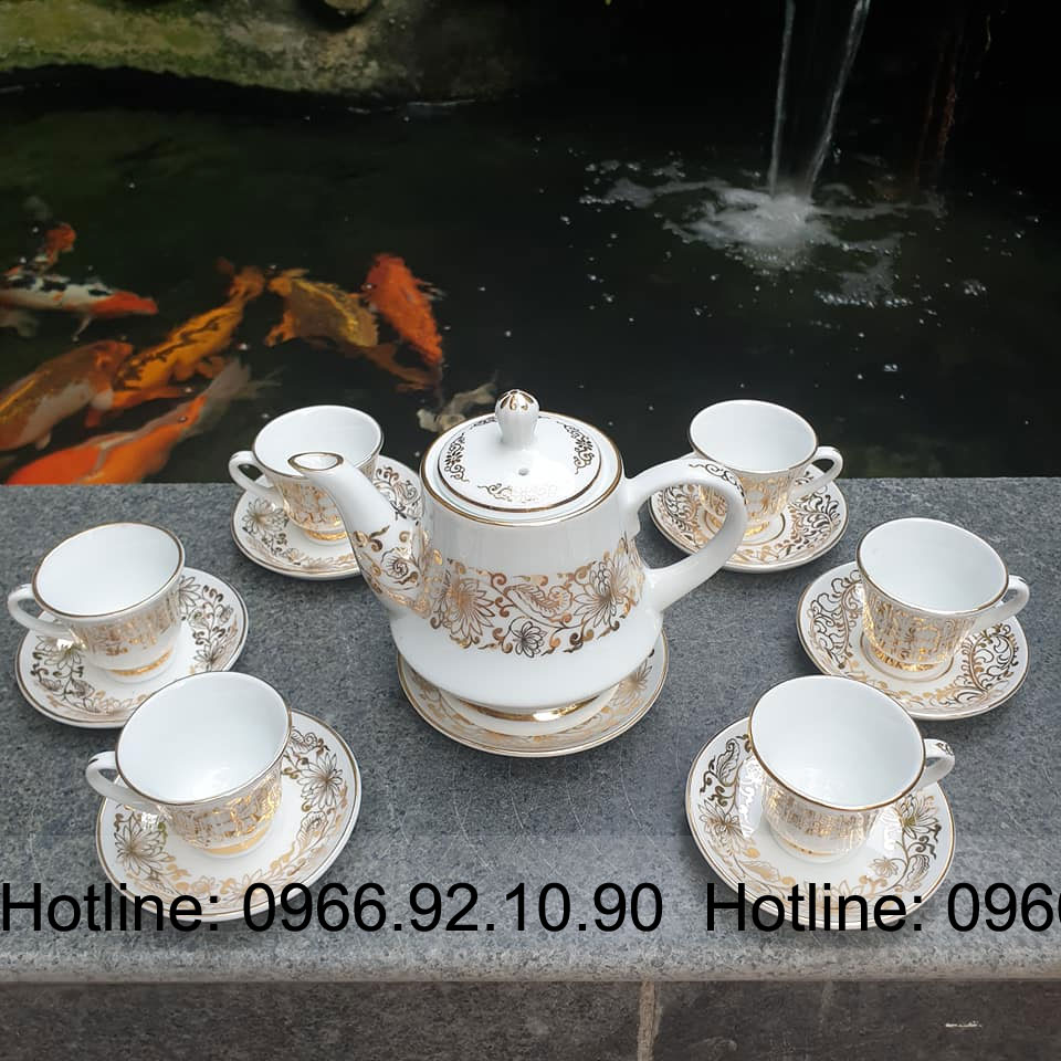 Bộ ấm chén vàng kim Bát Tràng cao cấp vẽ tay 100% sang trọng