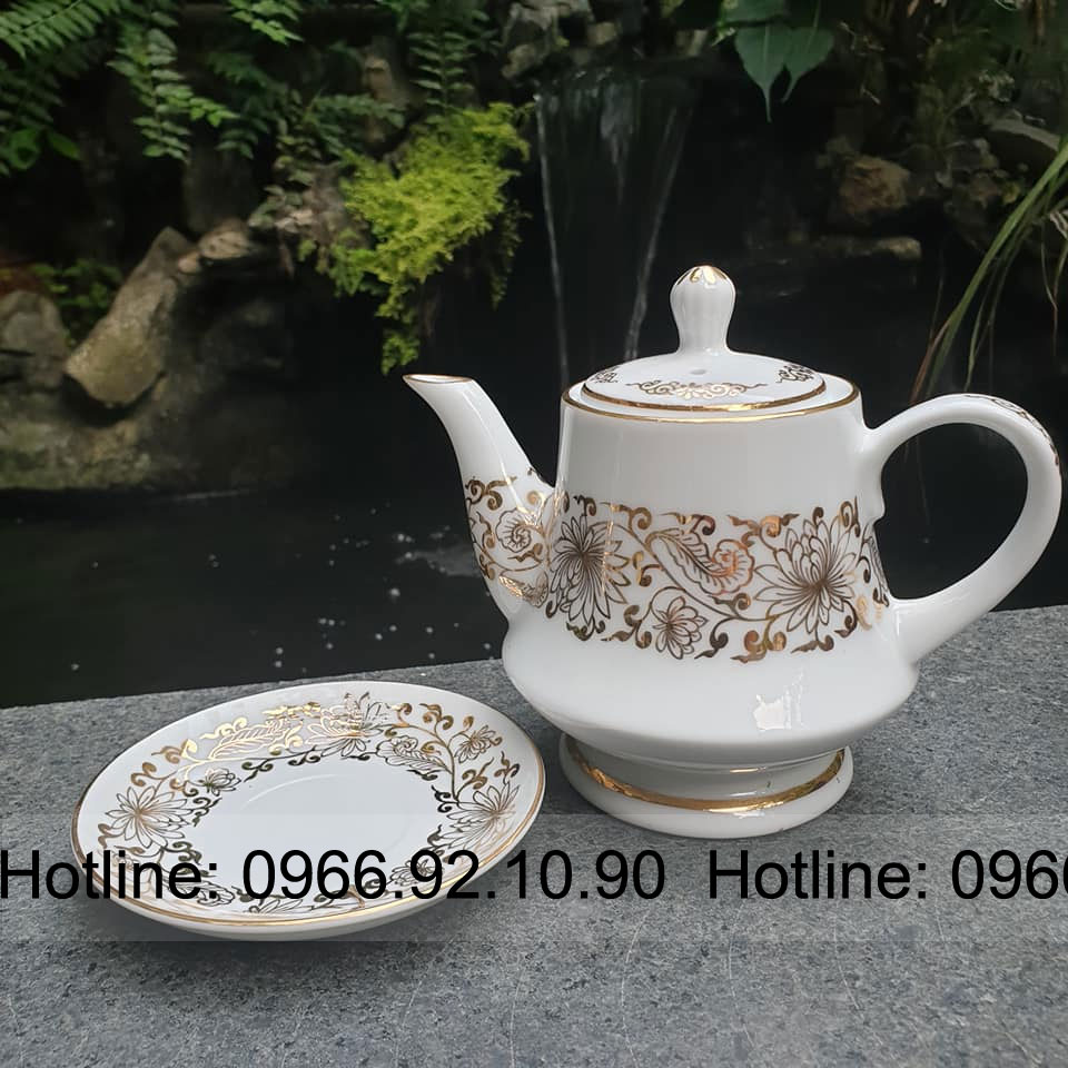 Bộ ấm chén vàng kim Bát Tràng cao cấp vẽ tay 100% sang trọng